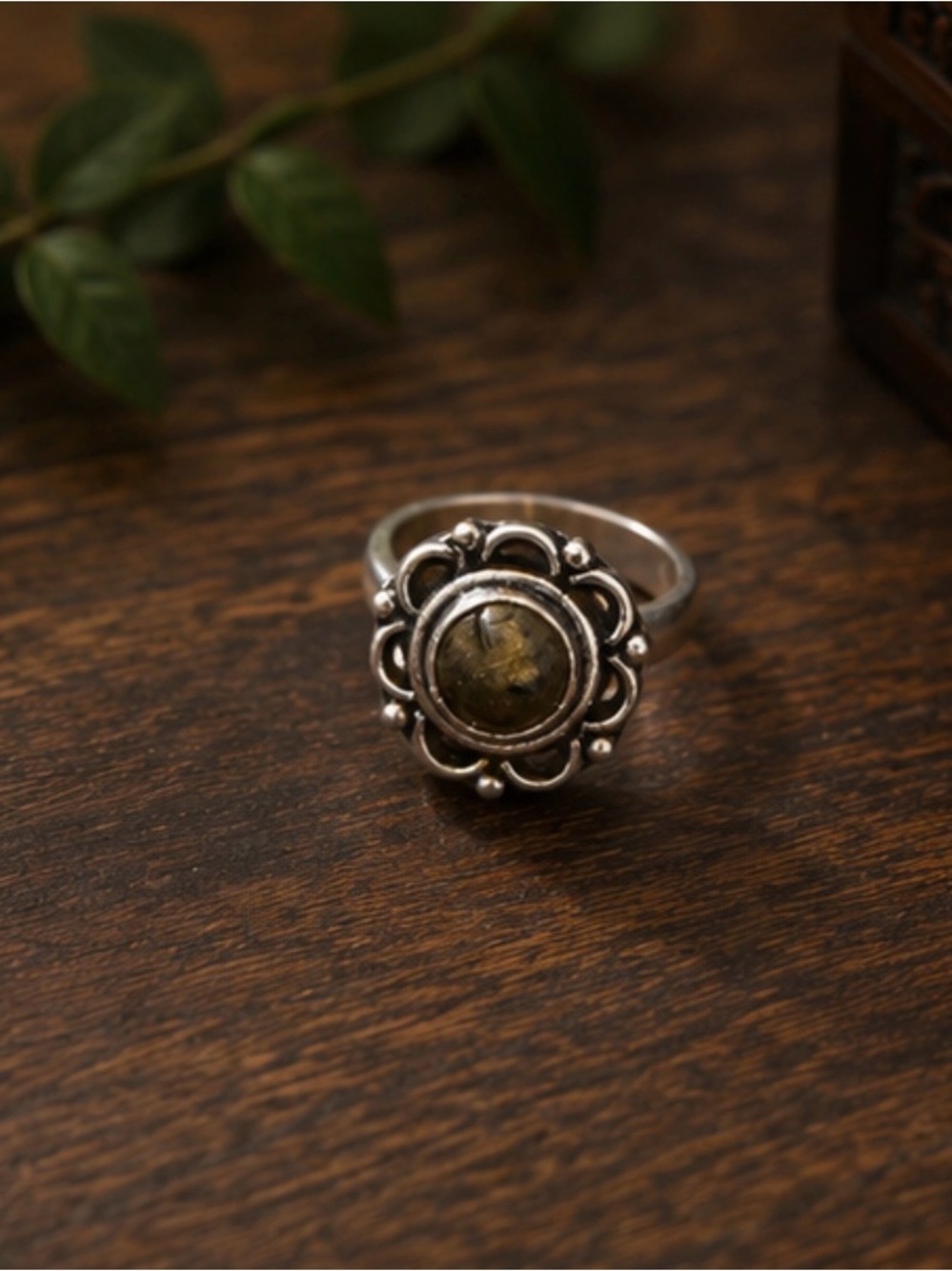 925 sterling Silver plated Floral Ring with Olive Green Stone - Women Jewelry